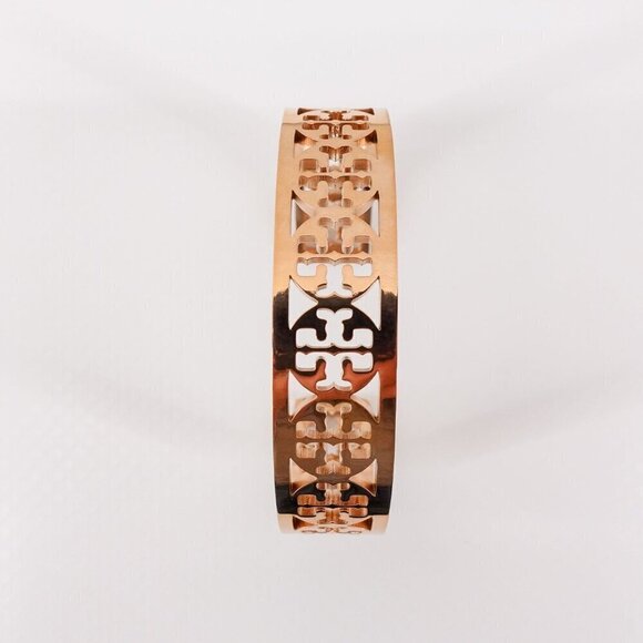 Tory Burch TB Gold Logo Cut out Cuff Bracelet Rose Gold OS - Picture 11 of 12
